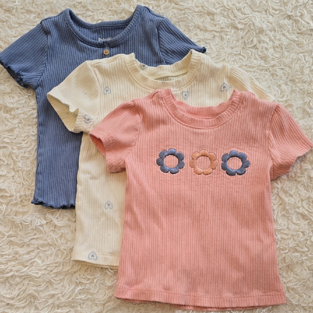 Girls Ribbed Floral Applique Tee Set - Pink, Cream & Blue